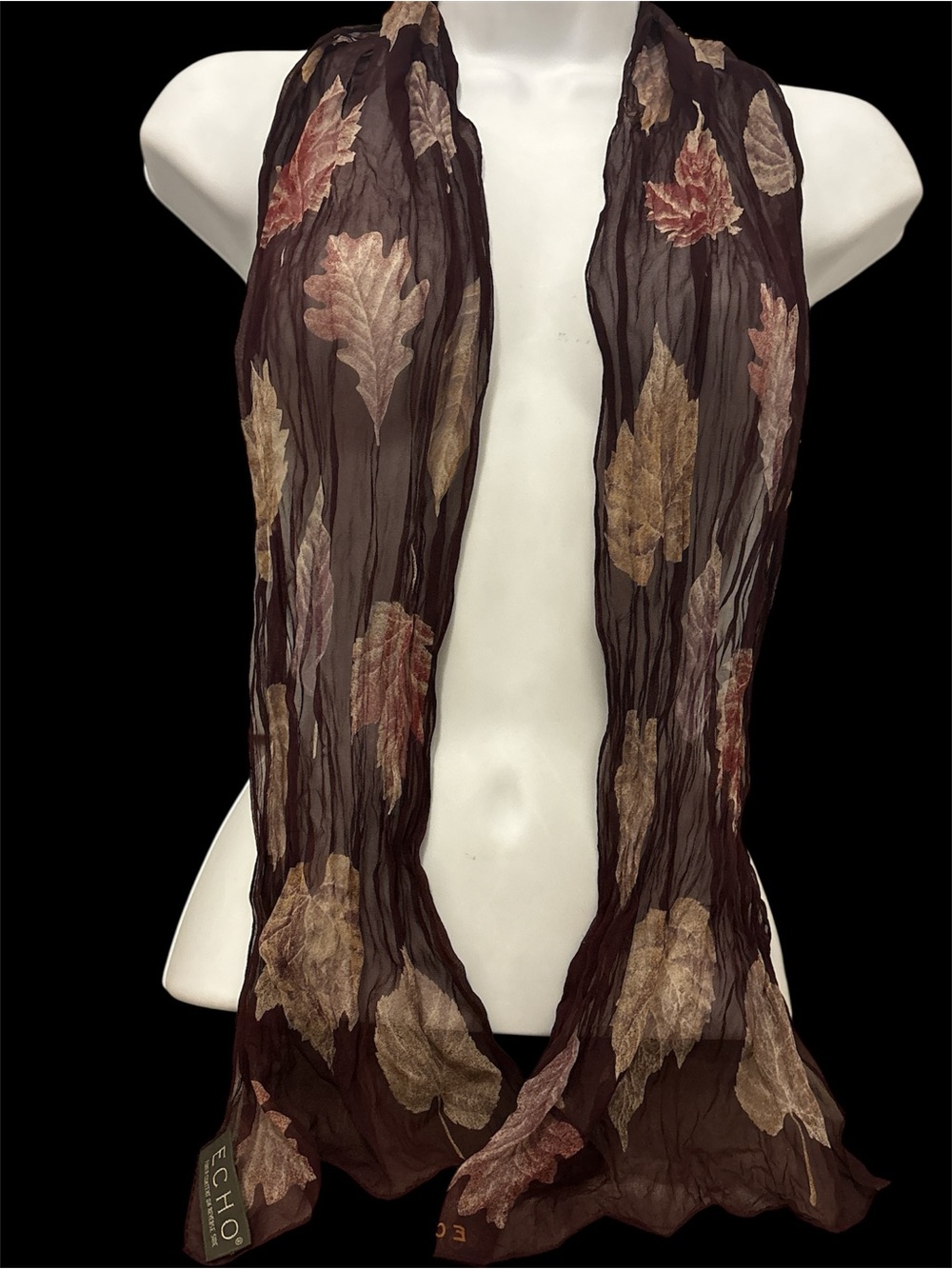 Echo Brown Leaf Motif Sheer Silk Scarf with Metallic Accents